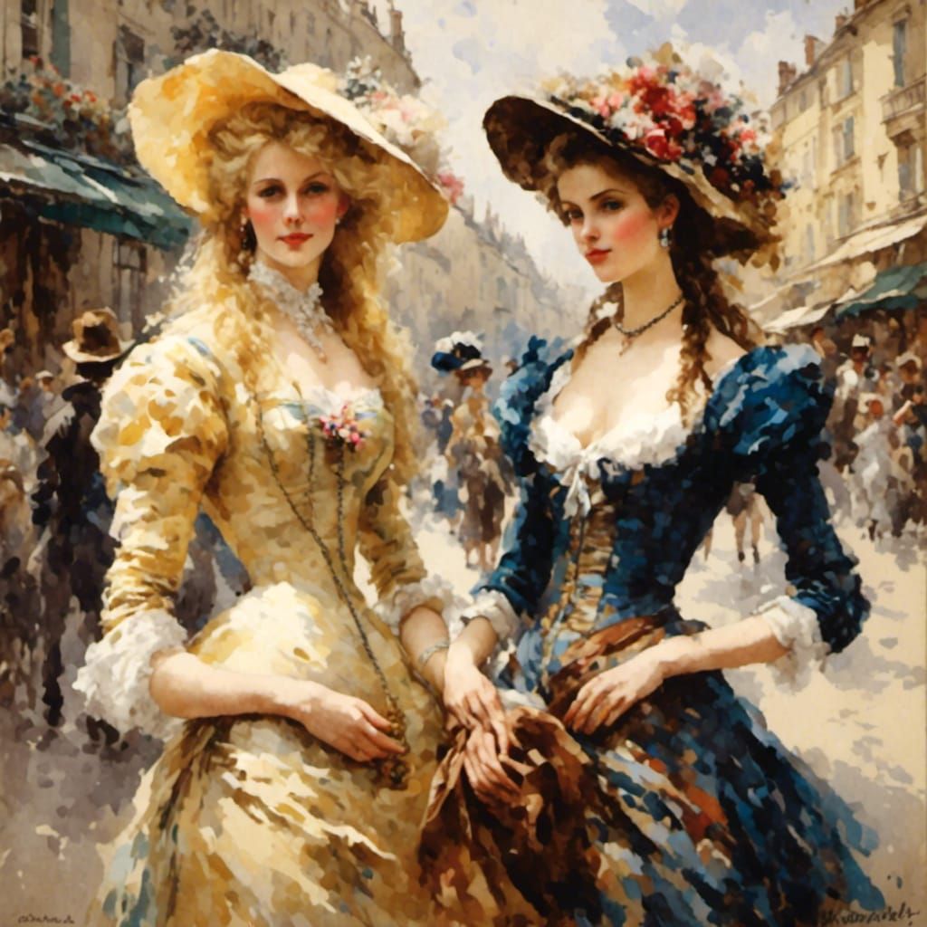 <lora:Blondes Brunettes:1.0> two ladies in France a blonde a brunette 