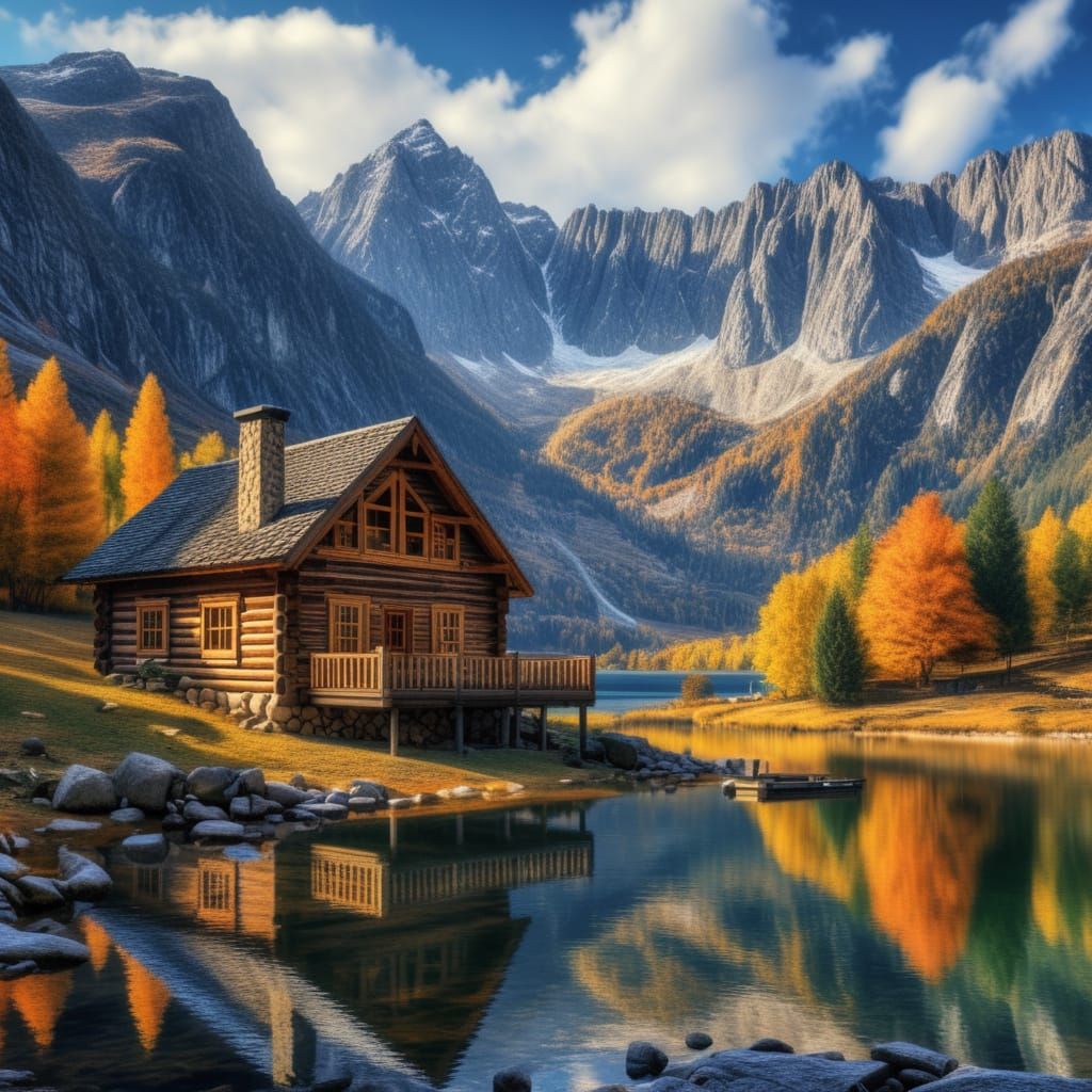 A log cabin near a lake in the mountains in autumn, HDR, beautifully shot, hyperrealistic, sharp focus, 64 megapixels, perfect composition, ...