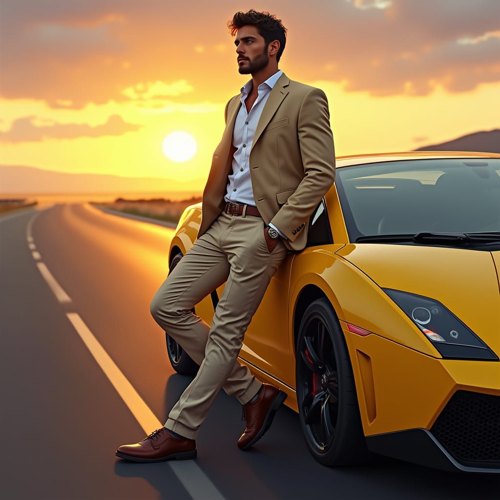 Confident Man Leaning on Yellow Lamborghini in Digital Art