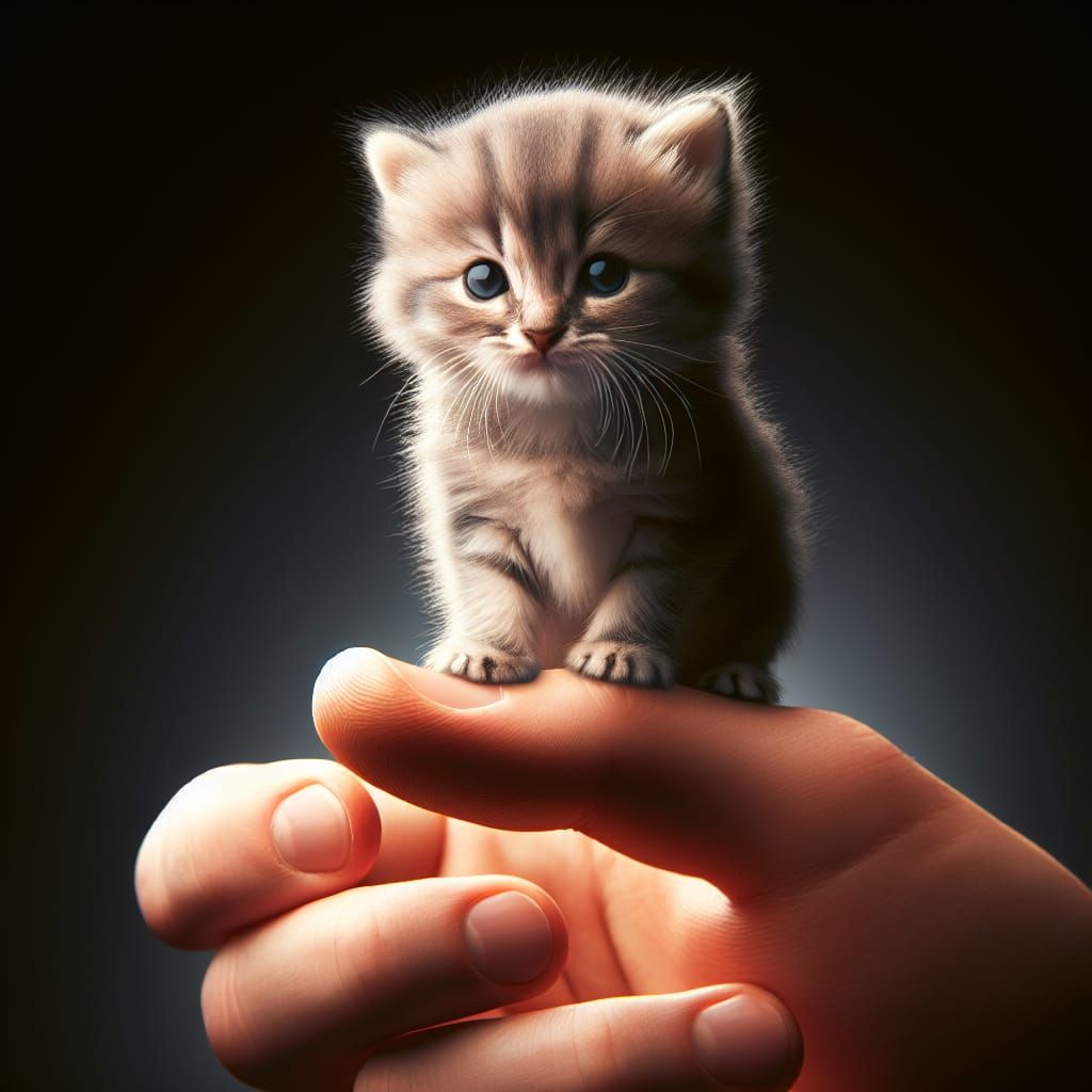 Cute Kitten Standing on Human Thumb