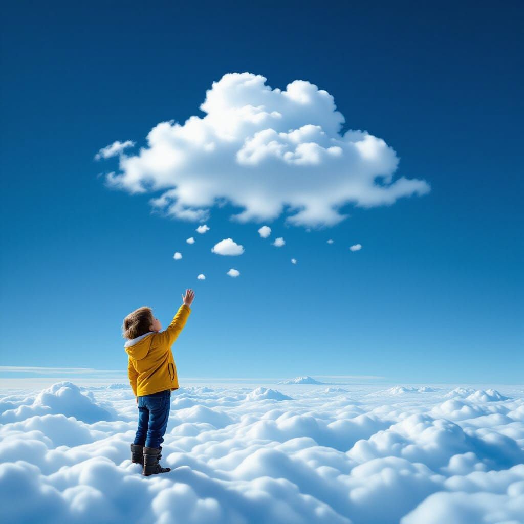 Child Reaching for Clouds in Sky