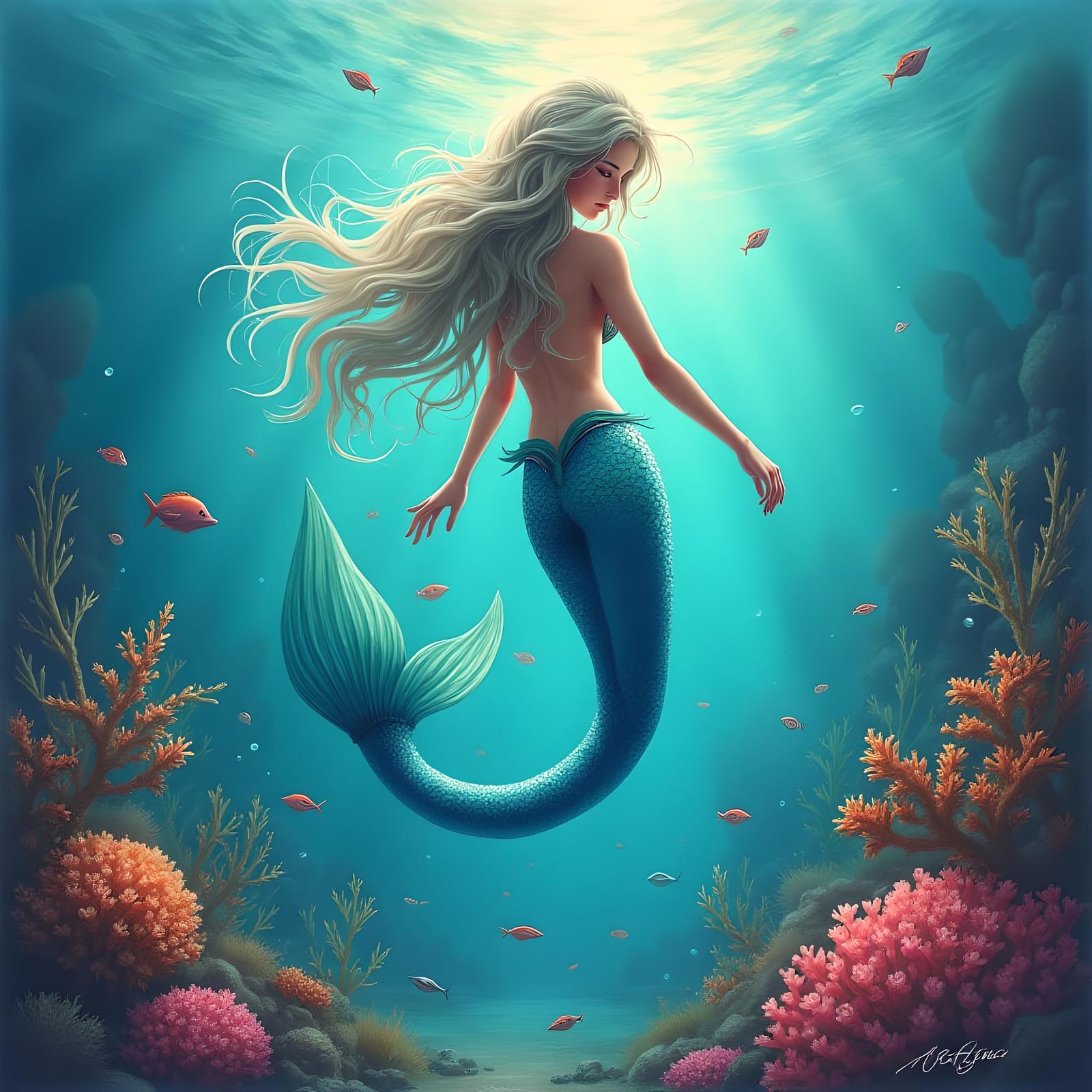 Cartoon Mermaid with Coral Reef and Sea Life