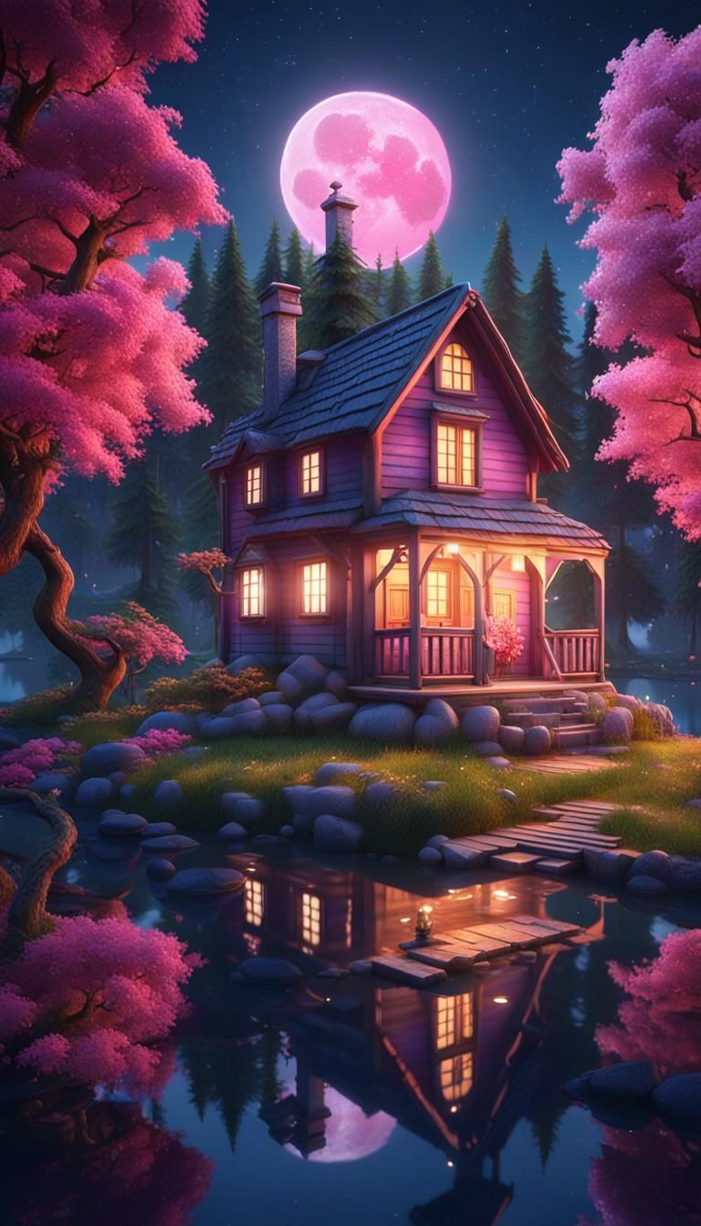 Cute little colorful cottage in the middle of the woods next...