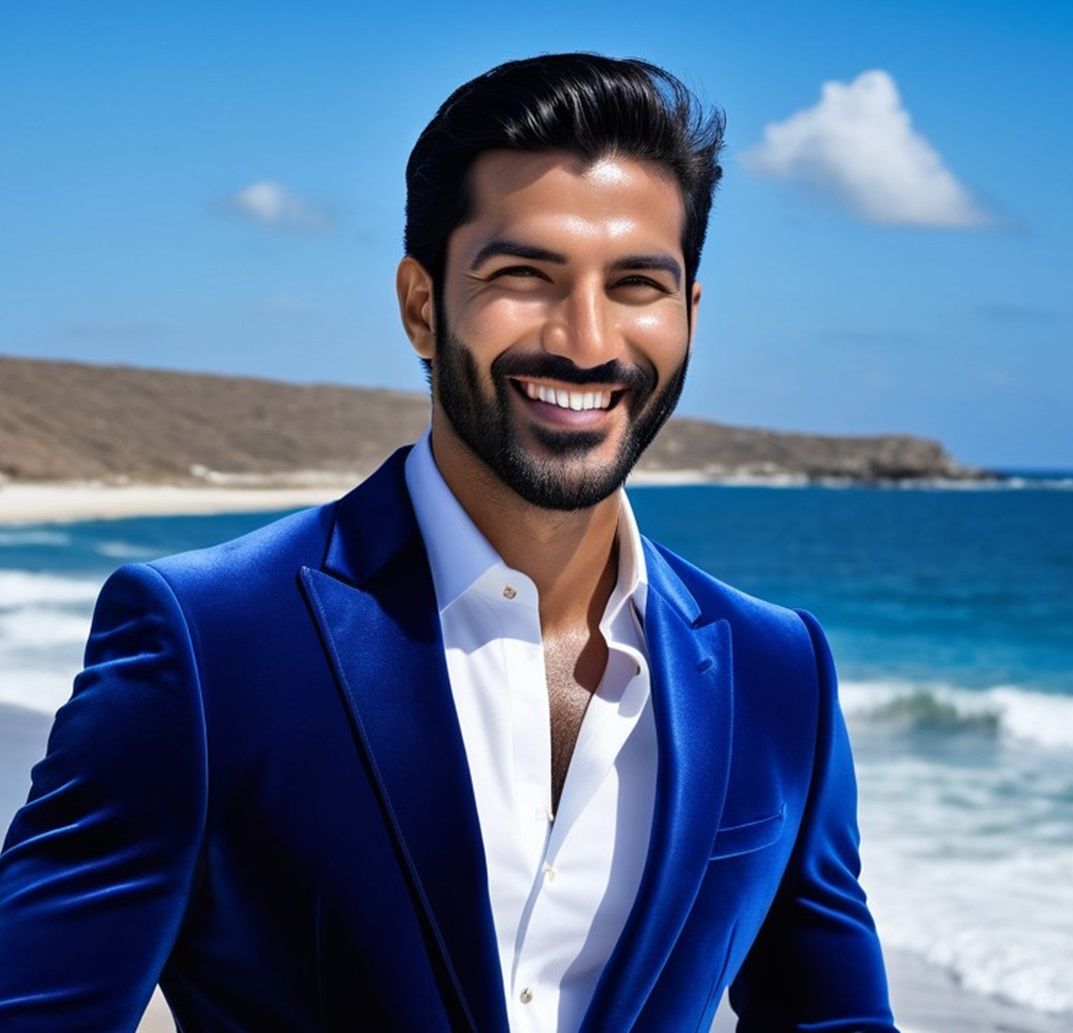 A handsome man with   black  beard   wearing  a   blue  velv...