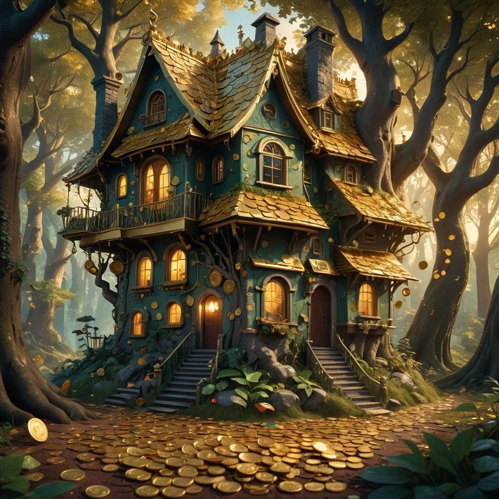 Whimsical House Emitting Gold in Enchanted Forest