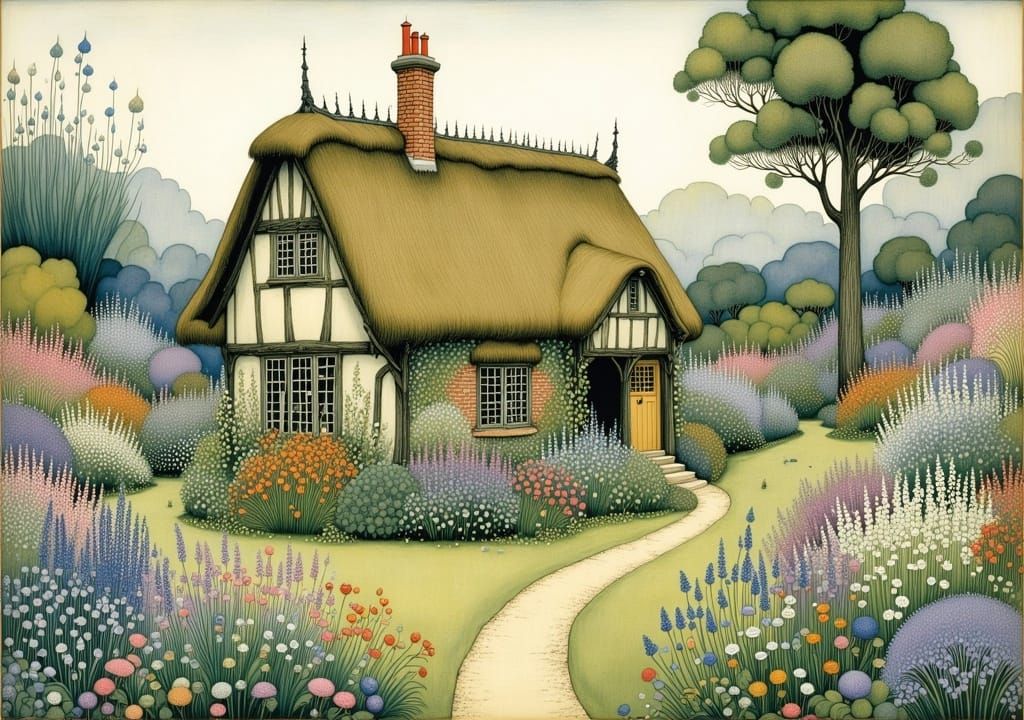 garden with wildflowers and a cozy cottage, by Sally Swannell, meticulous, intricate, entangled, intricately detailed<lora:enchanted world f...