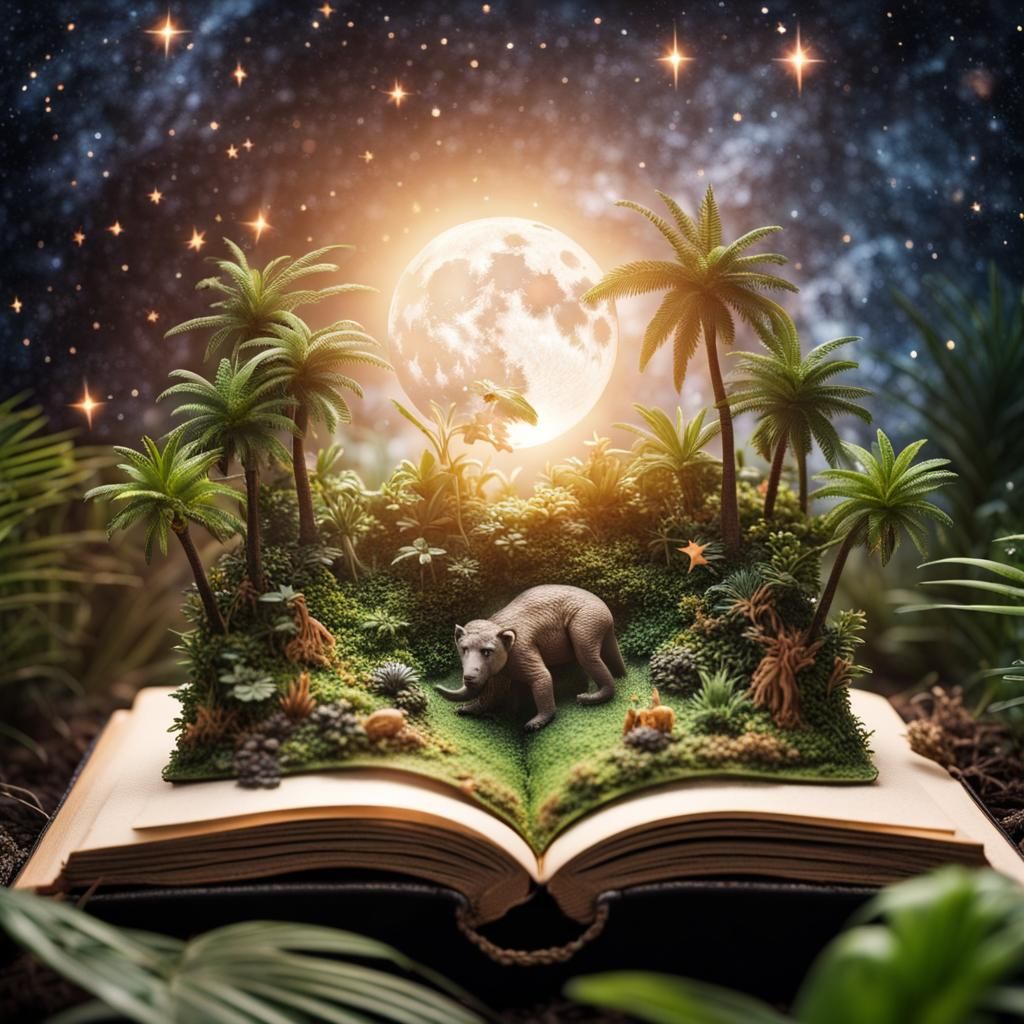  Miniature jungle world coming out of antik open book, stars...