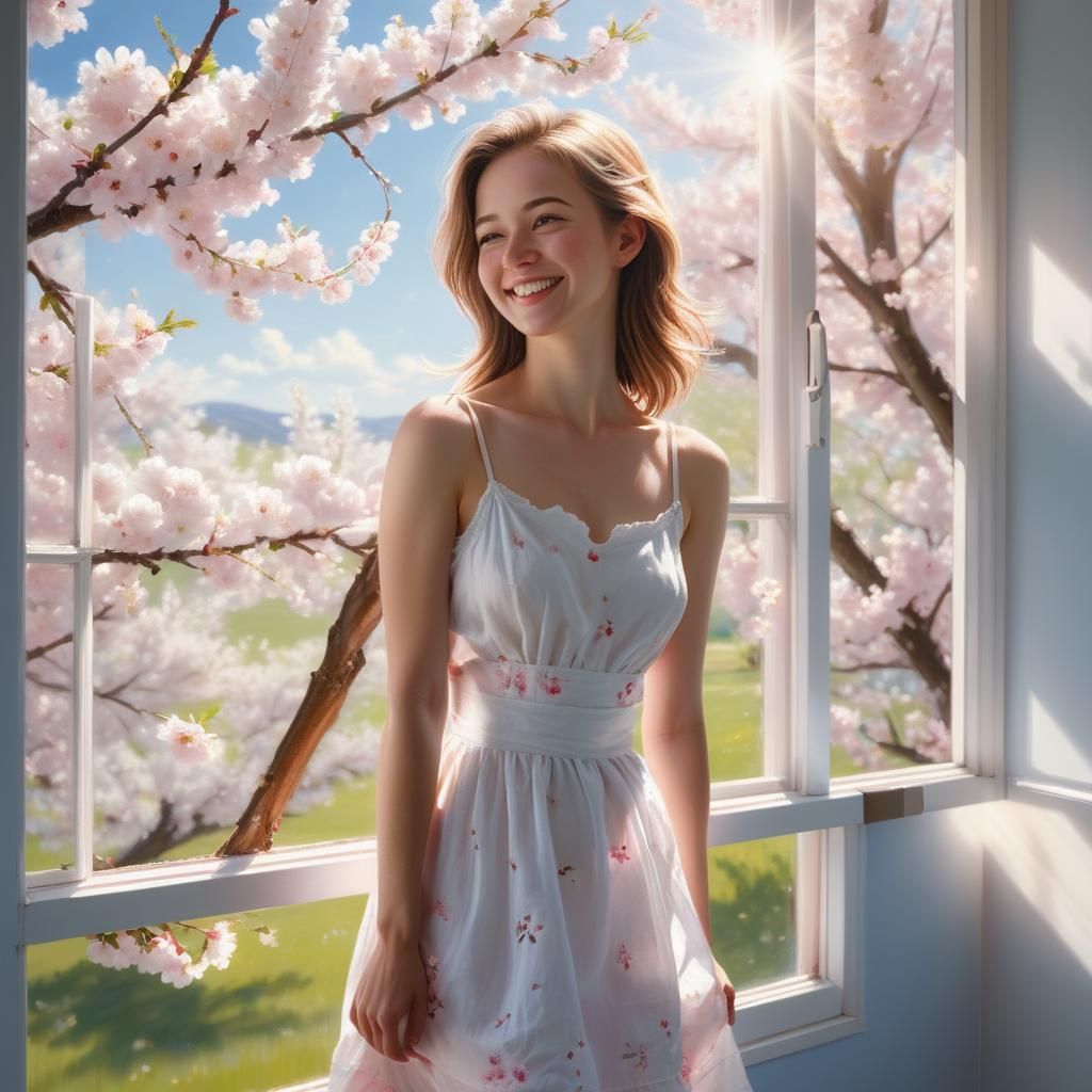 Woman, window and cherry blossoms