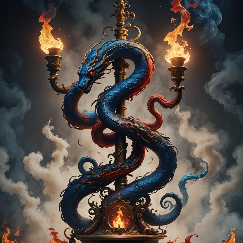 Elemental Serpent Made of Licking Flames of Red and Blue and...