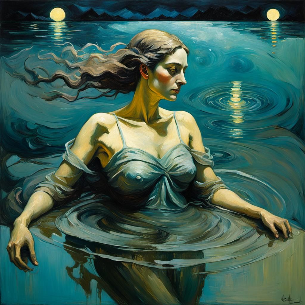 Woman Bathes in Lake: Neo-Expressionist Oil Painting