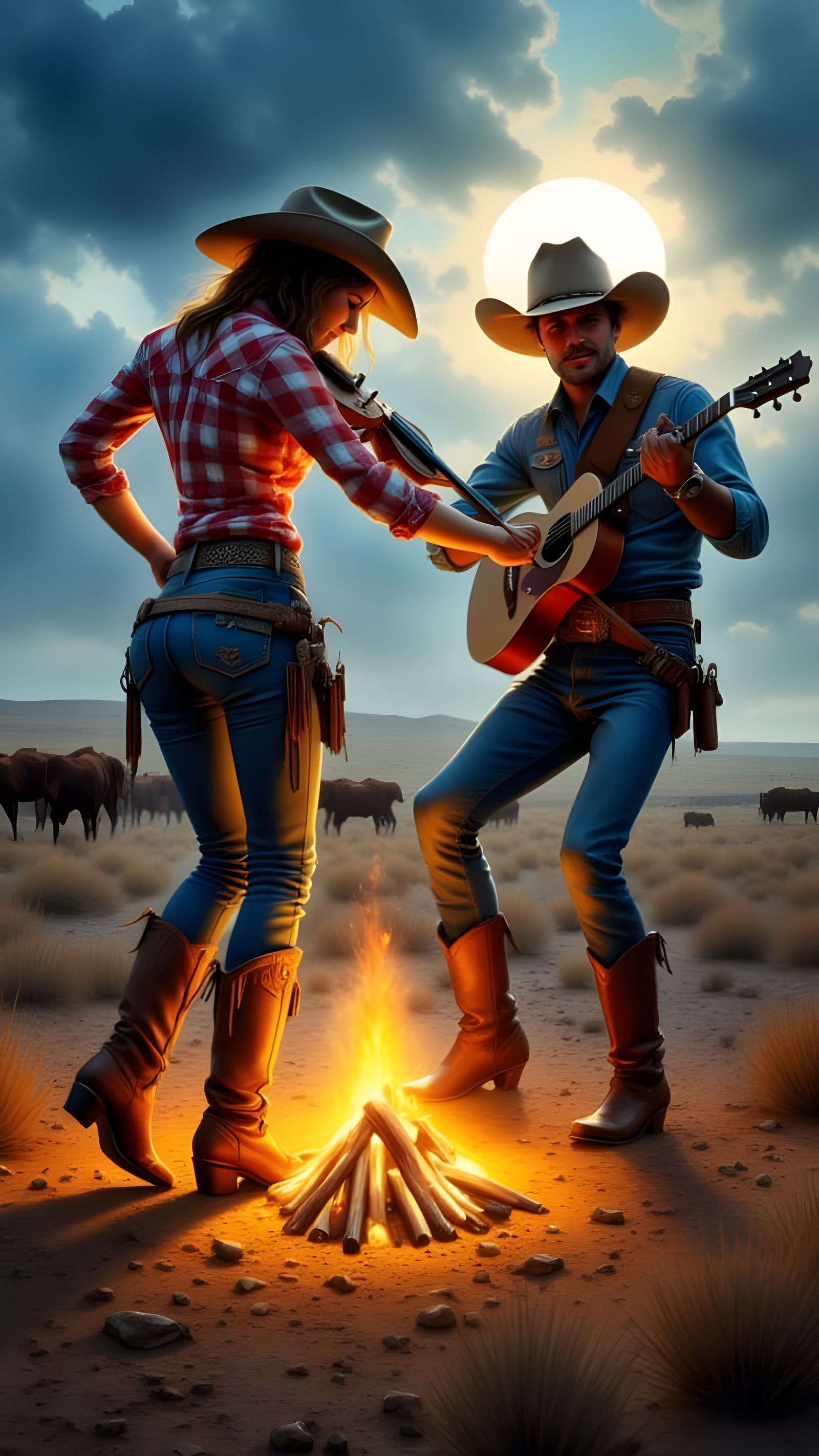 uninhibited wild gorgeous cowgirl in jeans energetically dancing to crepuscular moonrays as a cowboy plays fiddle for her. around cattle dri...