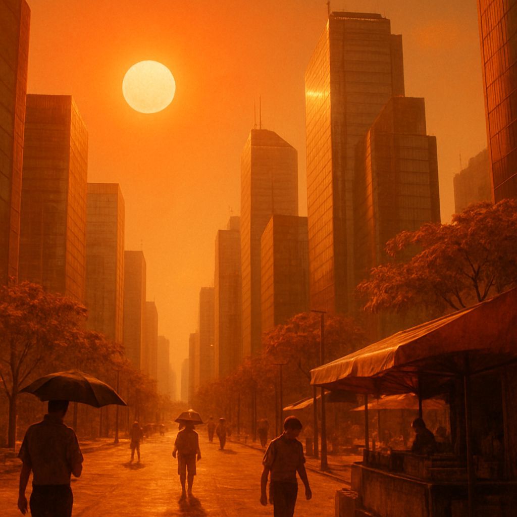 The image is in a realistic style. Depicting a scorching city under a relentless heat wave, the image has an overall warm color palette that...