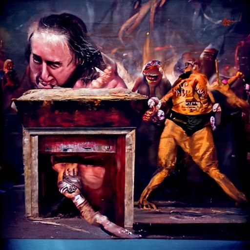 Nicholas Cage fighting Benjamin Franklin in a boxing ring wi...