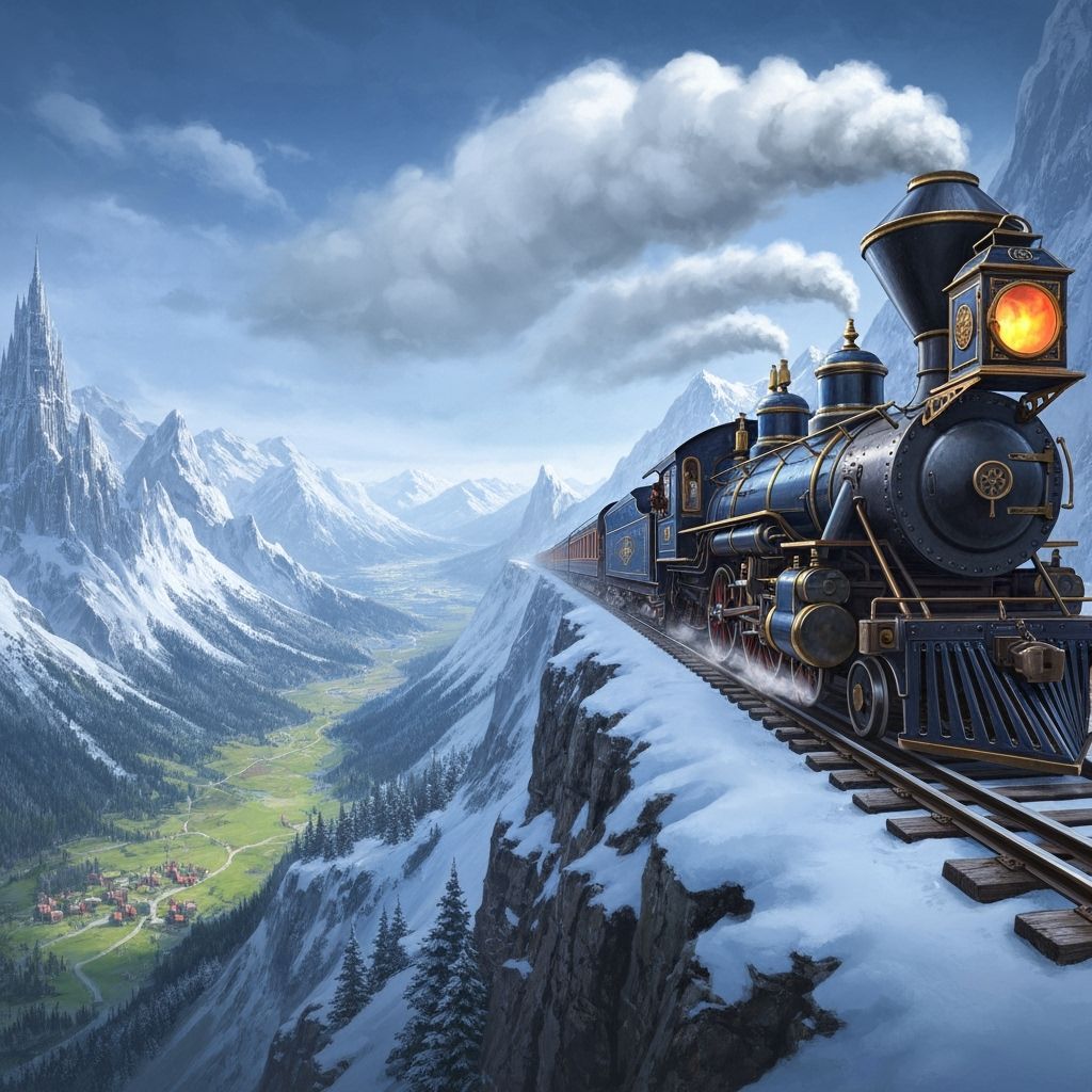 Gothic Steam Train Through Snowy Mountains