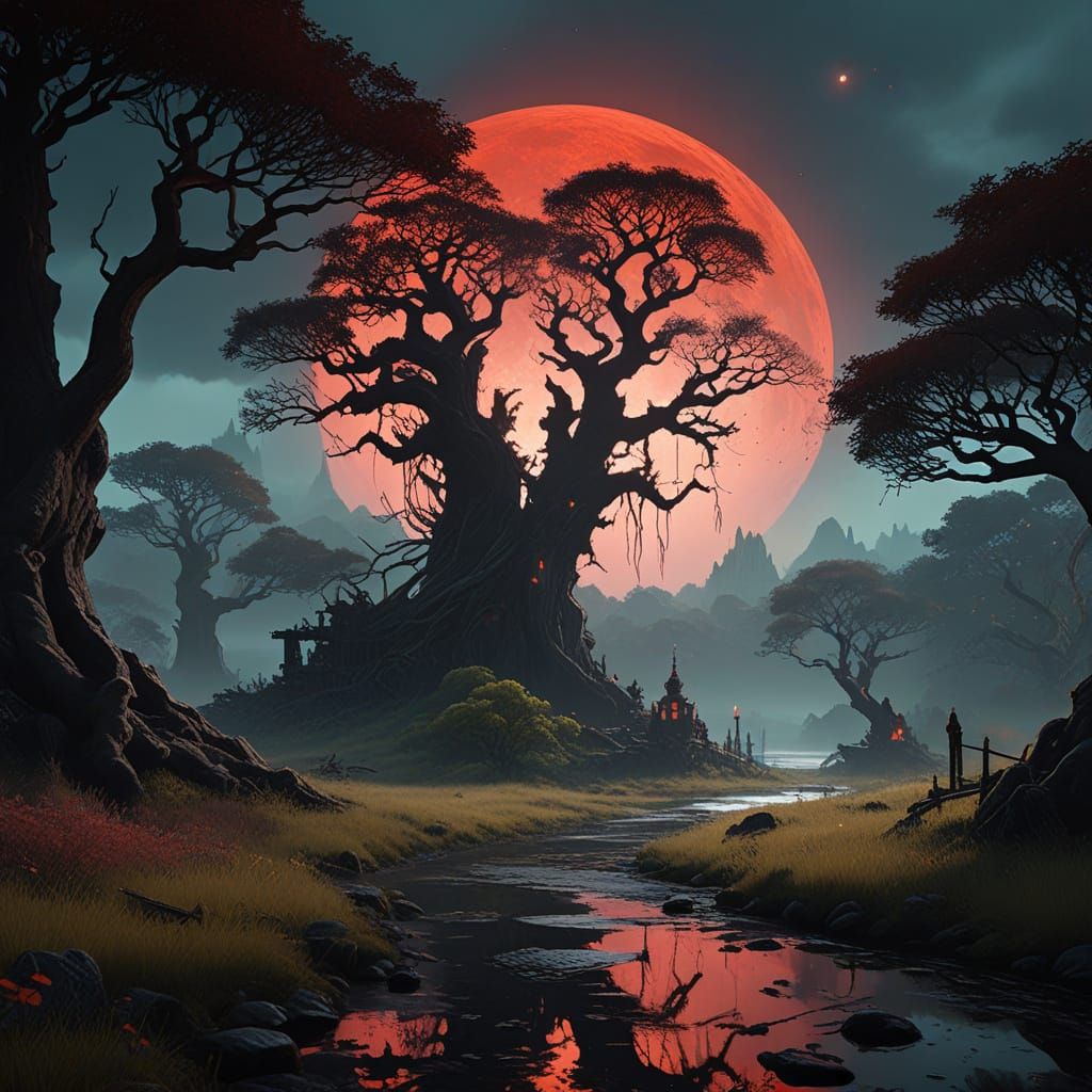 Blood-Red Moon Rises Over Ancient, Mist-Shrouded Ruins in a ...