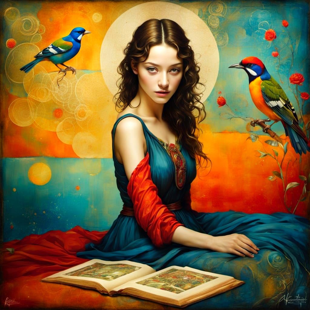 Medieval Ladies with Whimsical Beasts in Vibrant Colors