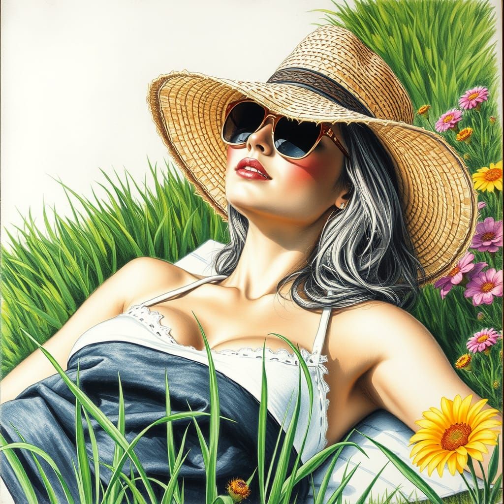 Woman Sunbathing: Hyperdetailed Charcoal Drawing