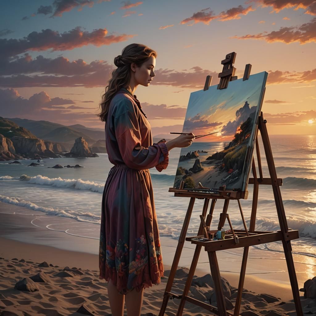 Femme artiste peintre peignant une toile de paysage champêtr...