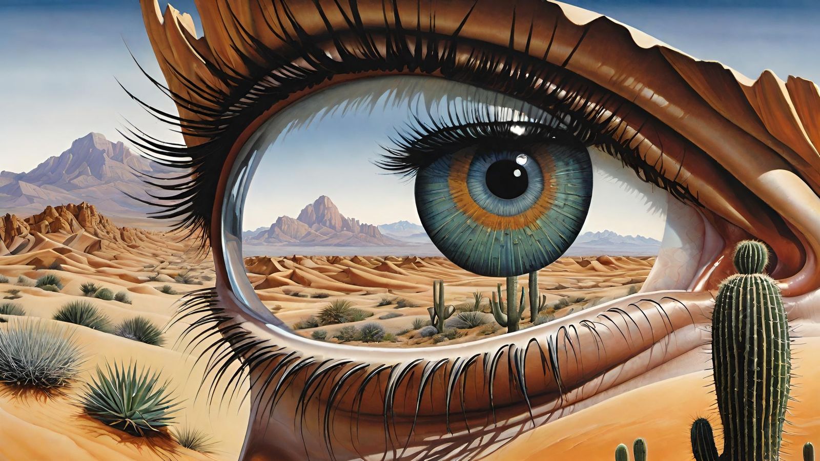A close woman eye stands in the center of a vast desertscape