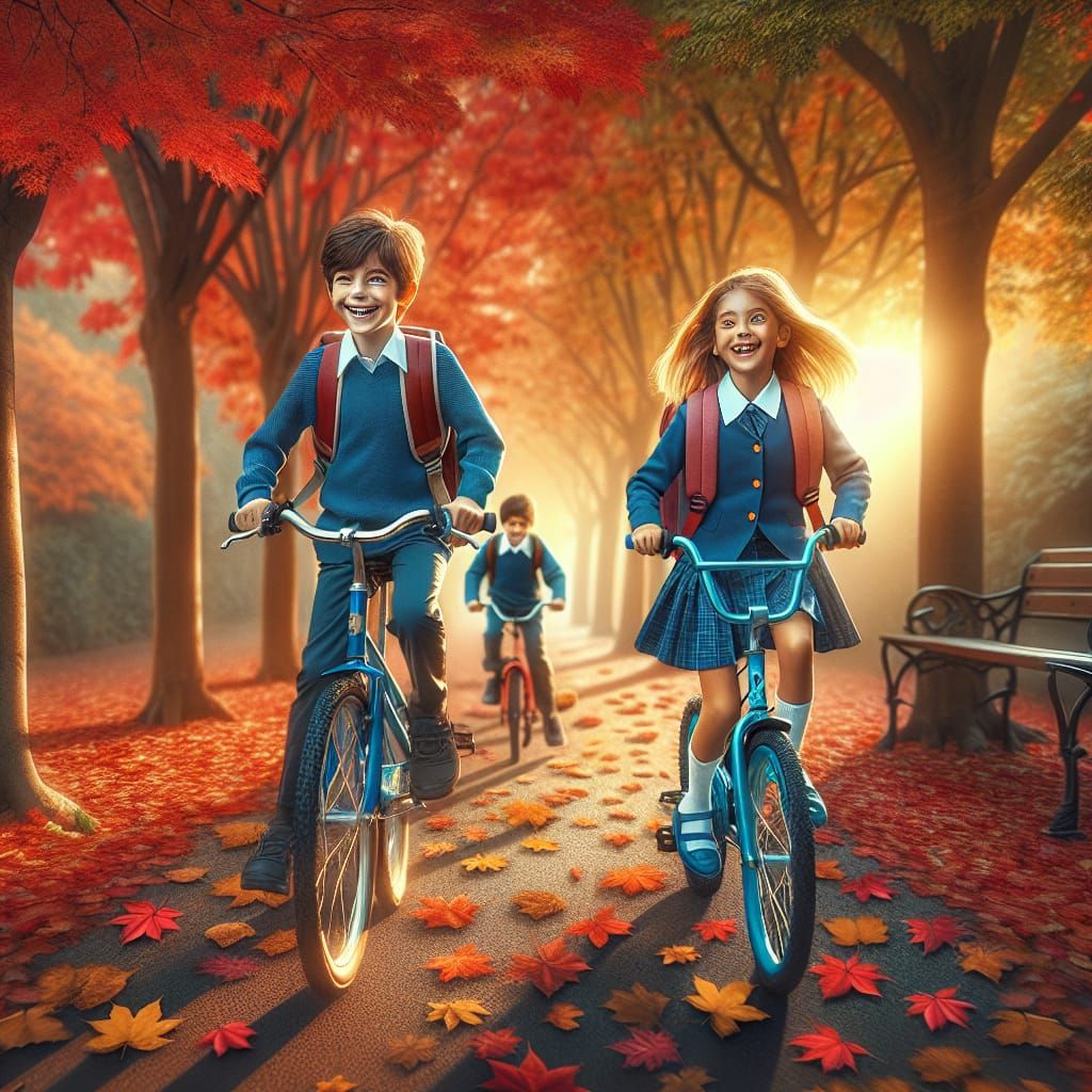 A 10 yr old boy and a 9 yr old girl dressed in school uniforms riding their bicycles through the autumn ...  by @Cat