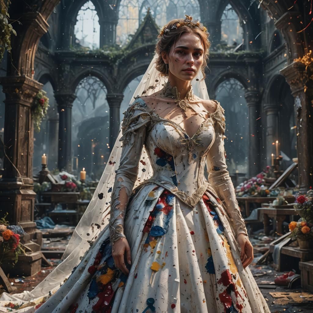 Paint splattered on a sad lady in a wedding gown
