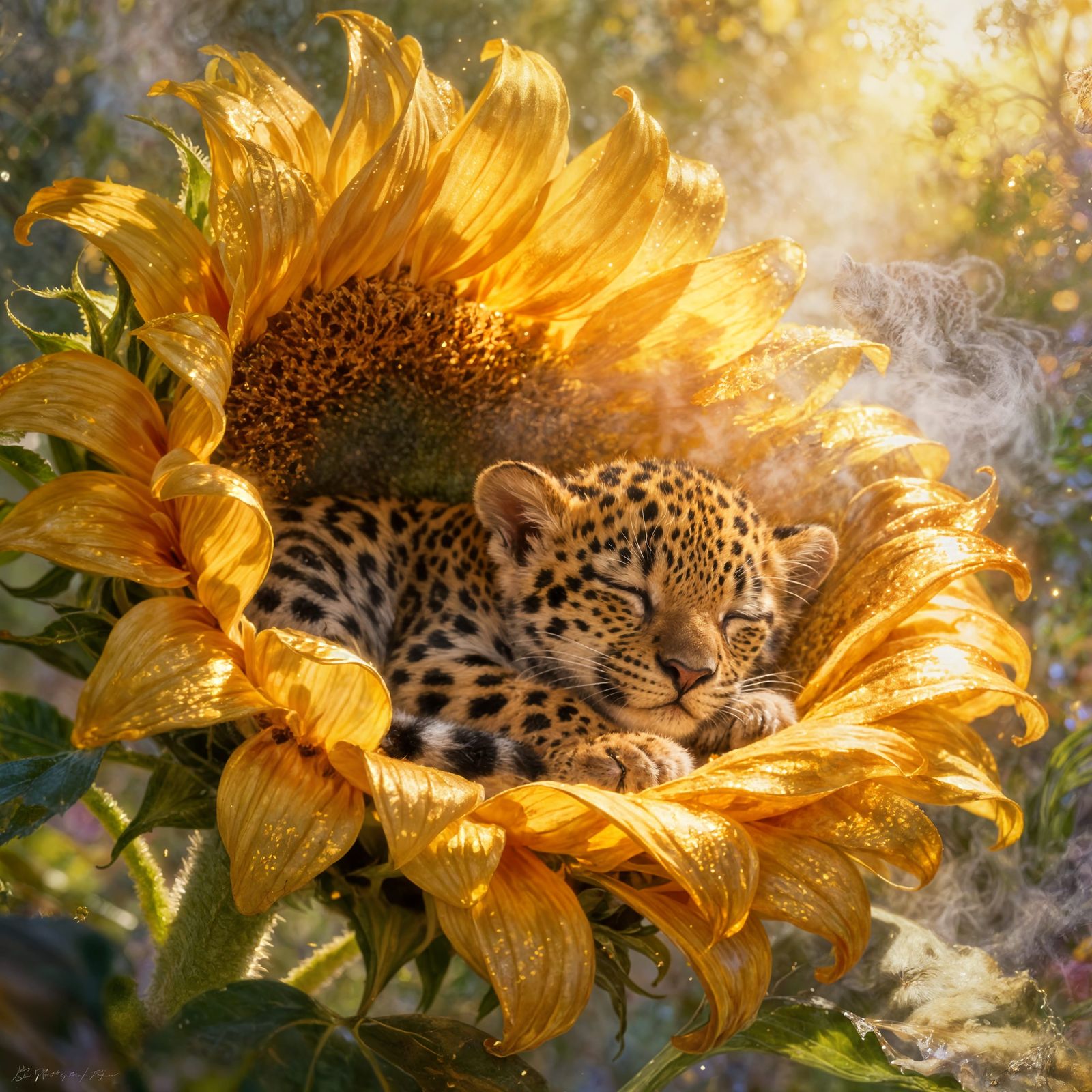 Inside a breathtakingly beautiful sunflower, a tiny leopard cub is peacefully sleeping. The golden petals ...  by @Zacharo