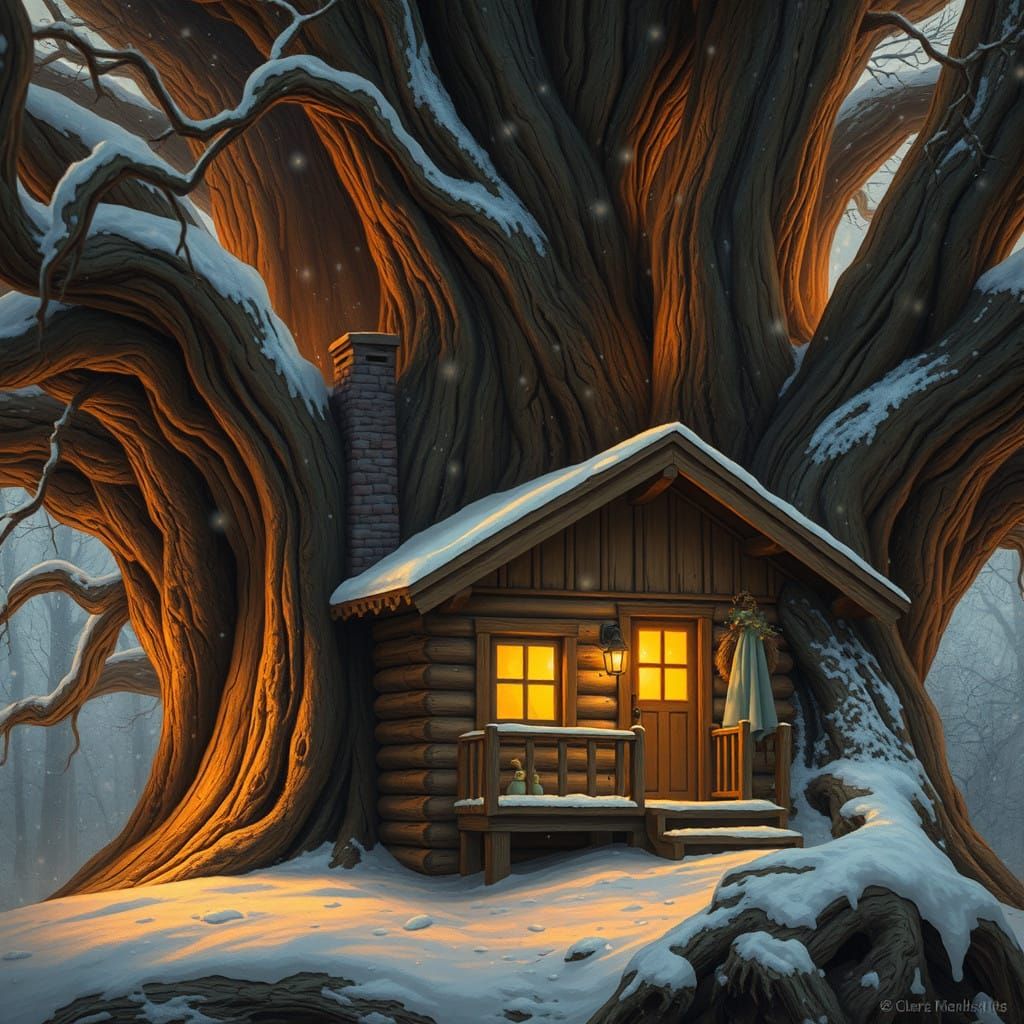 Whimsical Winter Cabin Amidst the Walnut Tree