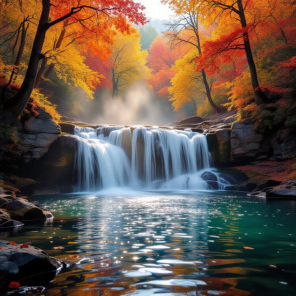Magical Autumn Waterfall in Golden Forest Light