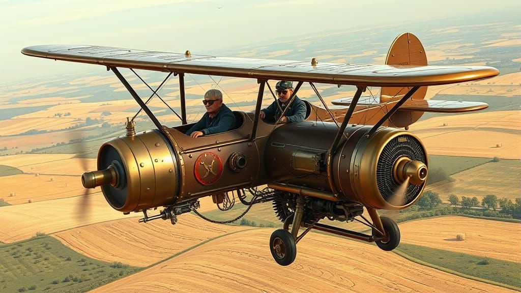 a STEEM PUNK TWO SEAT TRI-WINGED AIRPLANE WITH THREE WINGS AND TWO PROPELLERS FLYING OVER OPEN FARMLAND