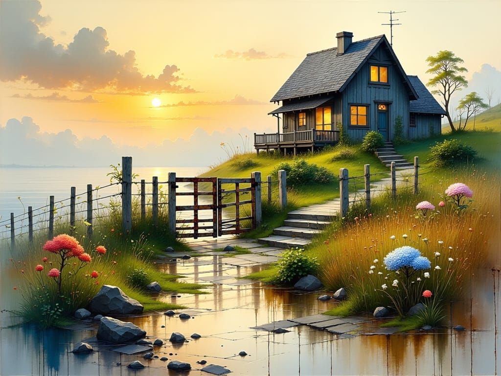 Ethereal Seaside Cottage at Sunset