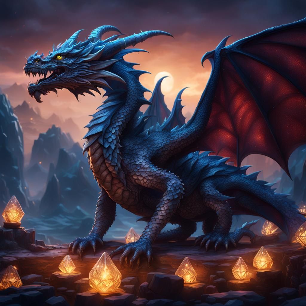 a dragon in magic and crystals in the nightime