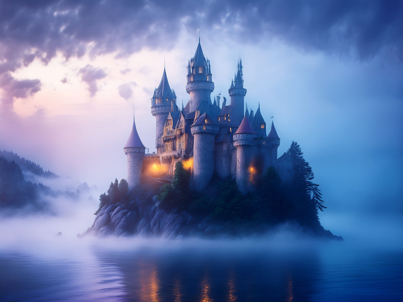 A majestic castle in very hazy fog