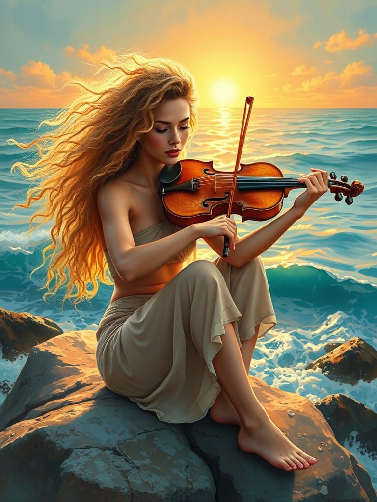 Acrylic painting of a beautiful woman with long curly unruly hair and eyes the color of waves playing ...  by @Ima