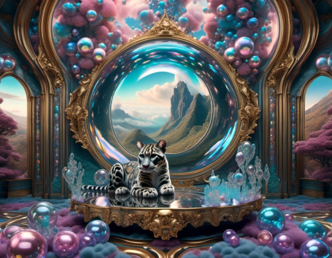 Clouded_Leopard, Cliff, Glass, Rococo, Cosmic, Infinity, Iridescent <lora:Bubblescape:1.0> 
