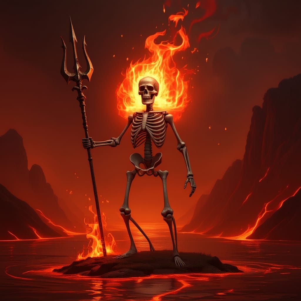 A realistic image of a skeleton with an aura of green fire holding a golden trident standing on an island