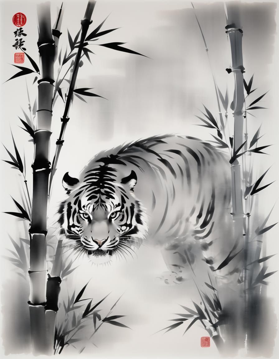 Sumi-e, ink painting, Tiger