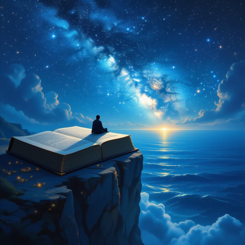 A lone figure sits atop a giant, ancient book, gazing out at a vast, star-filled ocean from a cliff edge. The book's pages are filled with g...