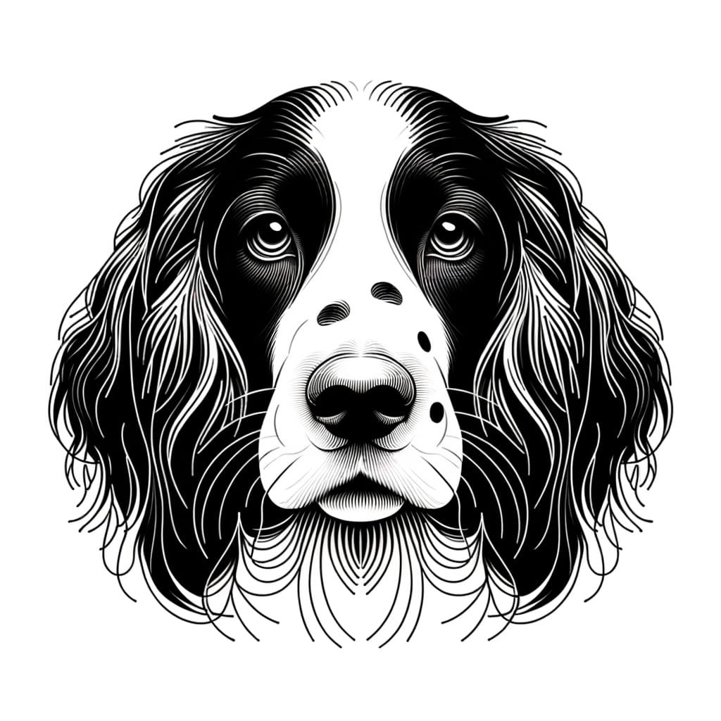 Create a high-resolution minimalist black-and-white line art of the portrait of a Springer Spaniel dog facing the camera...