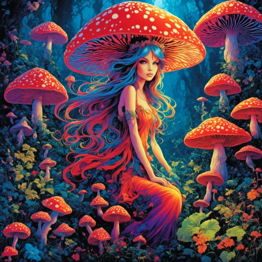 beautiful fairy, liquid mushroom background <lora:VintageBlacklight:1.0> 