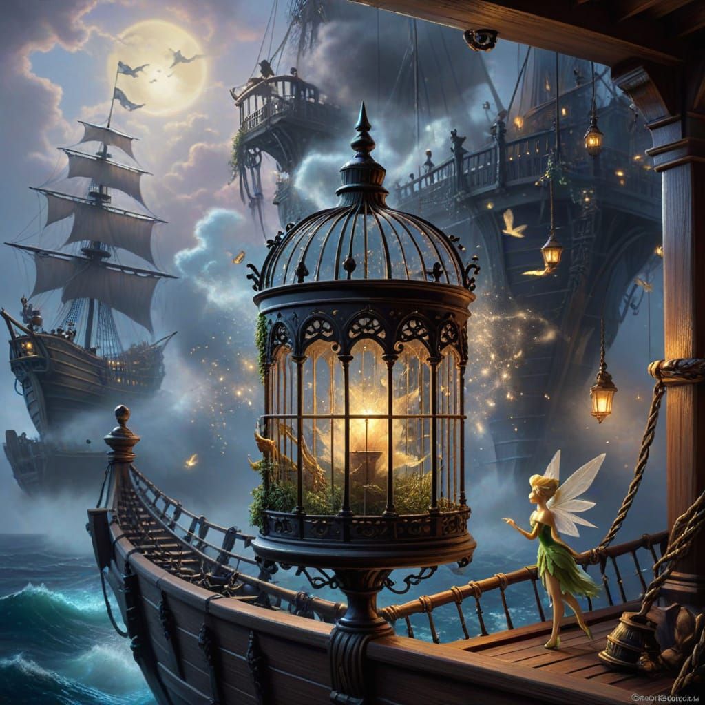 Tinker Bell and a birdcage on a pirate ship 