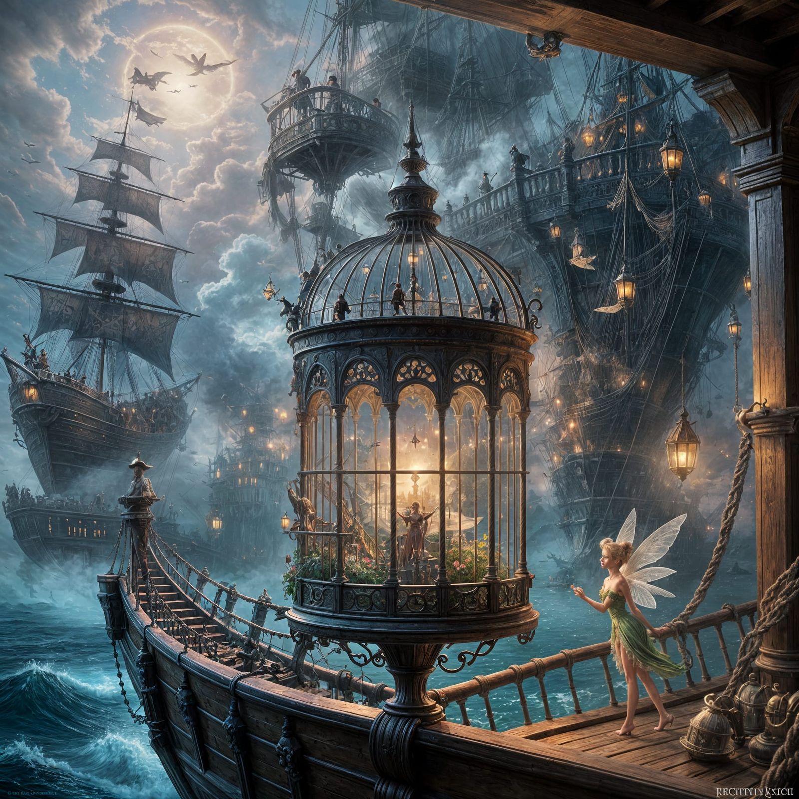 Tinker Bell and a  birdcage on a pirate ship   by @Chippa