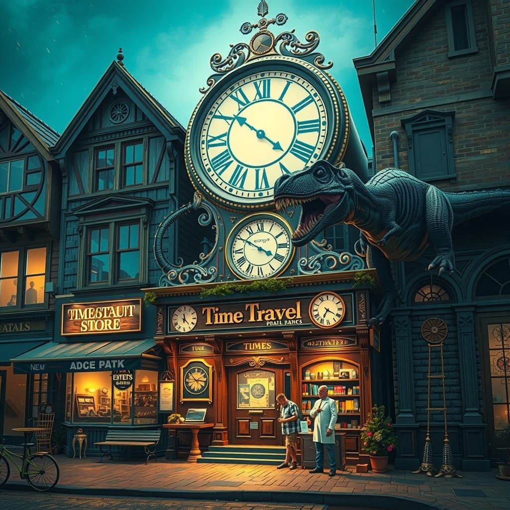 Neighborhood storefront, time travel store, dinosaurs, ancient Egypt, huge clock  by @Anna Kendrick fan