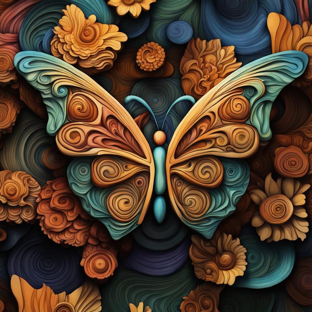 <lora:NC Hyperreal:1.0> 3d butterfly wood carving  round col...