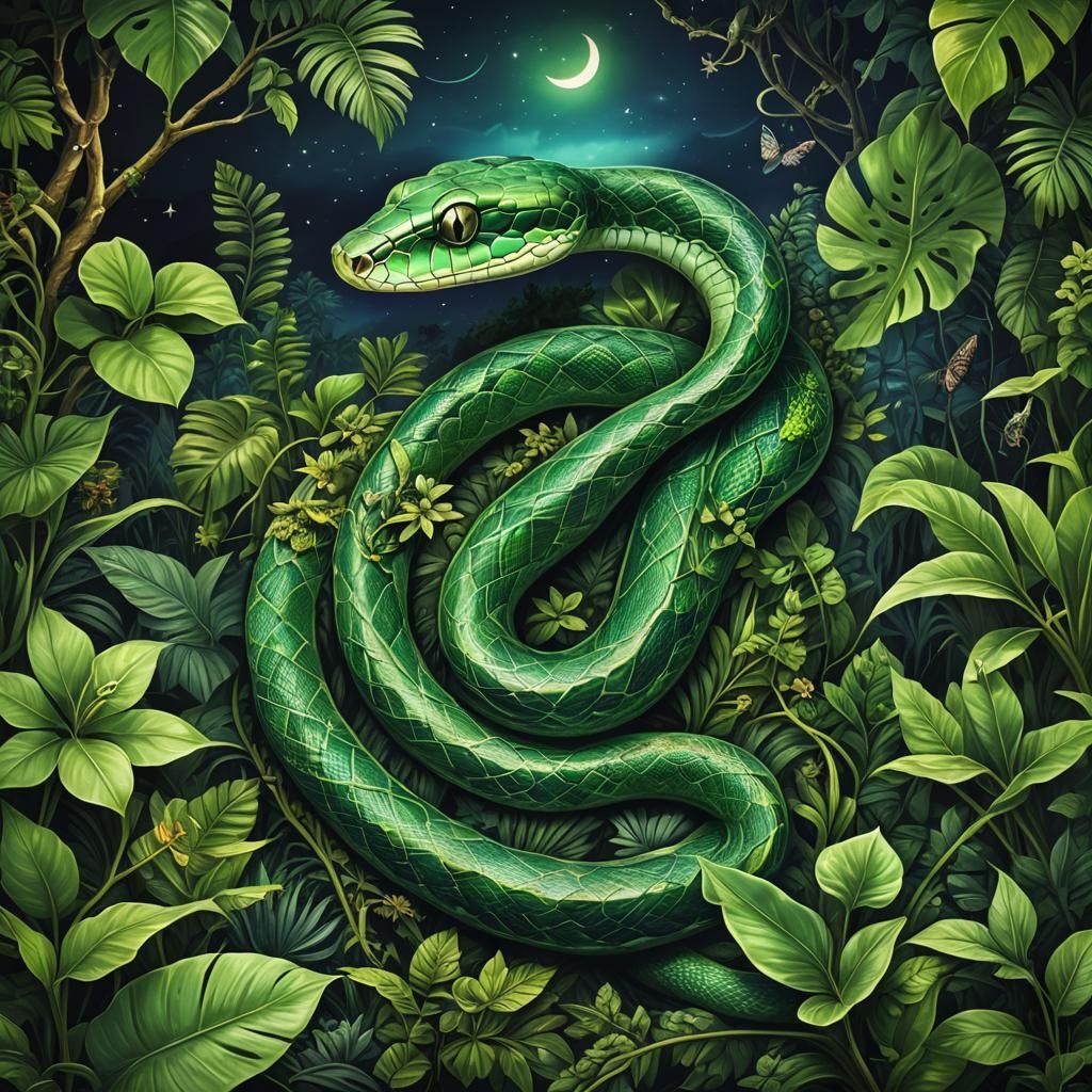 a green snake, close up in a jungle. Everything glows in mil...