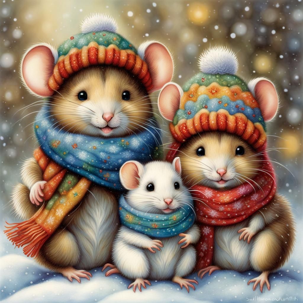 cute fluffy little mice with a colorful patterned scarf in winter while it's snowing,  by Lisi Martin, ...  by @Tina auf der Blumenwiese