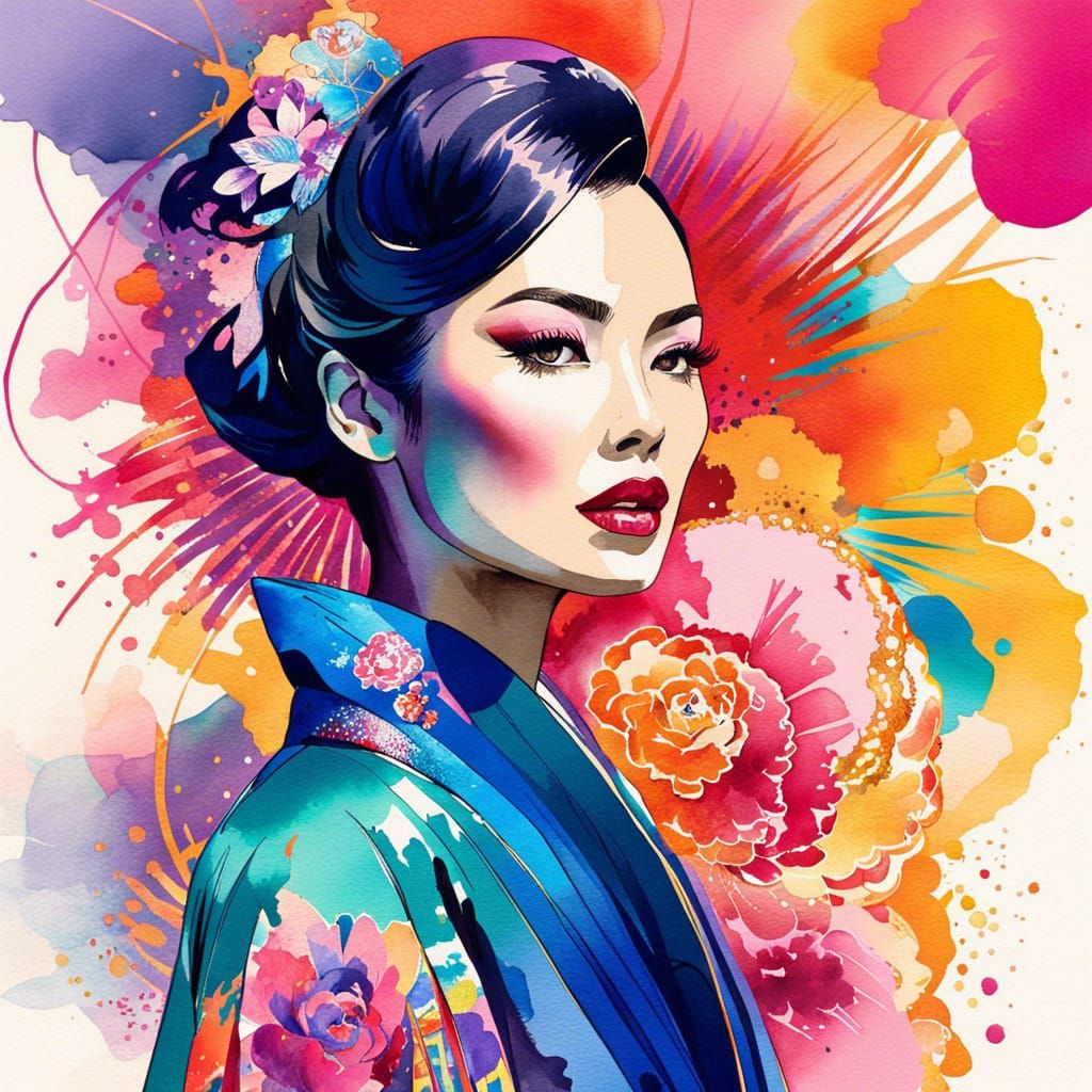 Watercolor Mondian fashion model sketch intricale details ja...