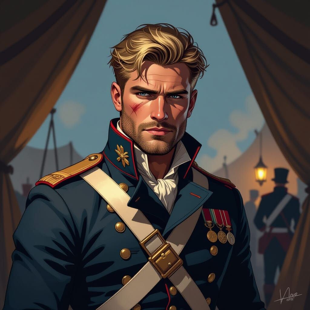 A picture in the style of Frank Cho
A handsome british infantry lieutenant from 1815. He is blonde, suntanned, and has a scar on the left si...