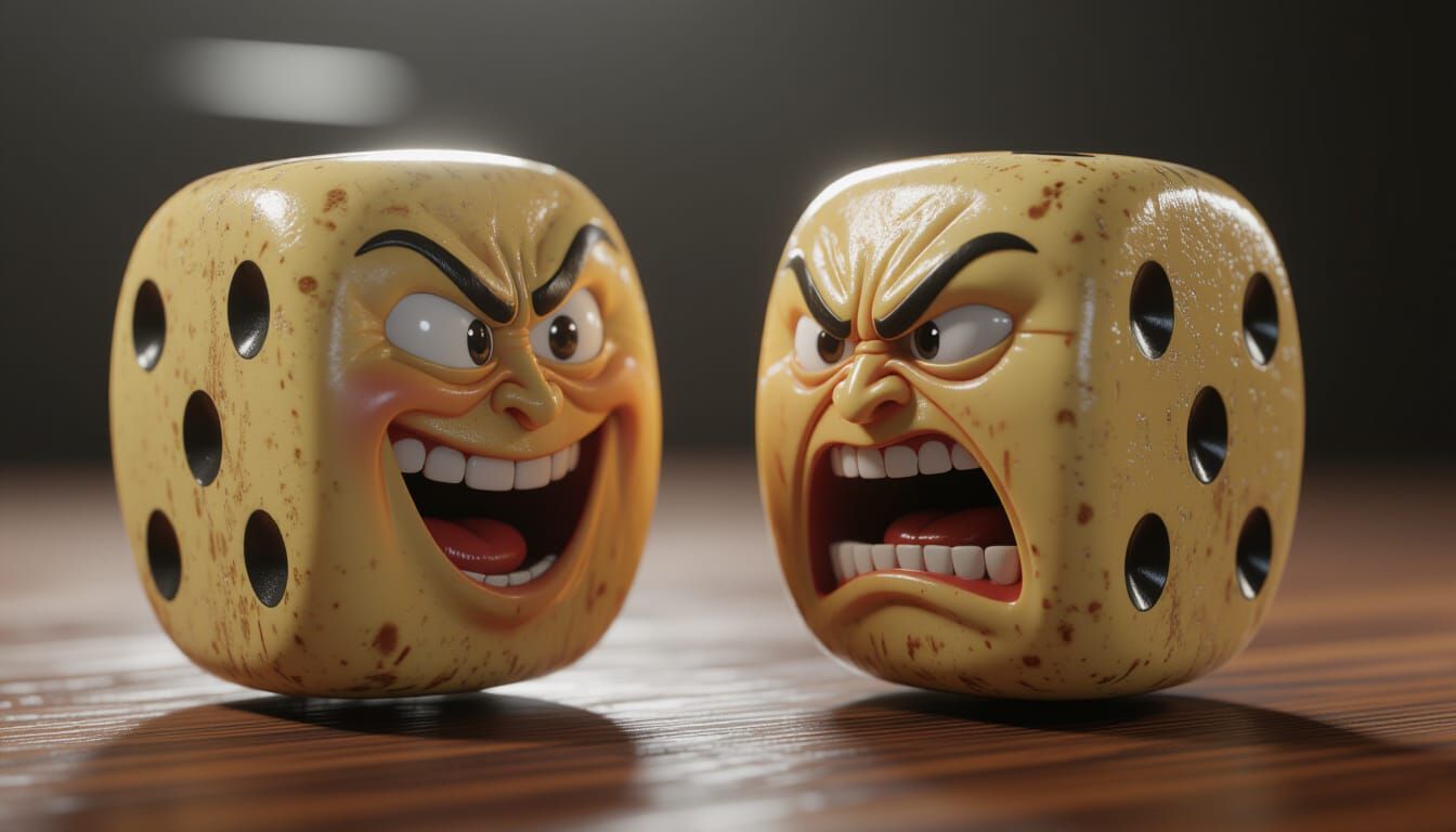 Hyper-realistic, ultra-detailed render of two dice faces arguing, Unreal Engine 5 quality. One face is smiling warmly, the other contorted i...