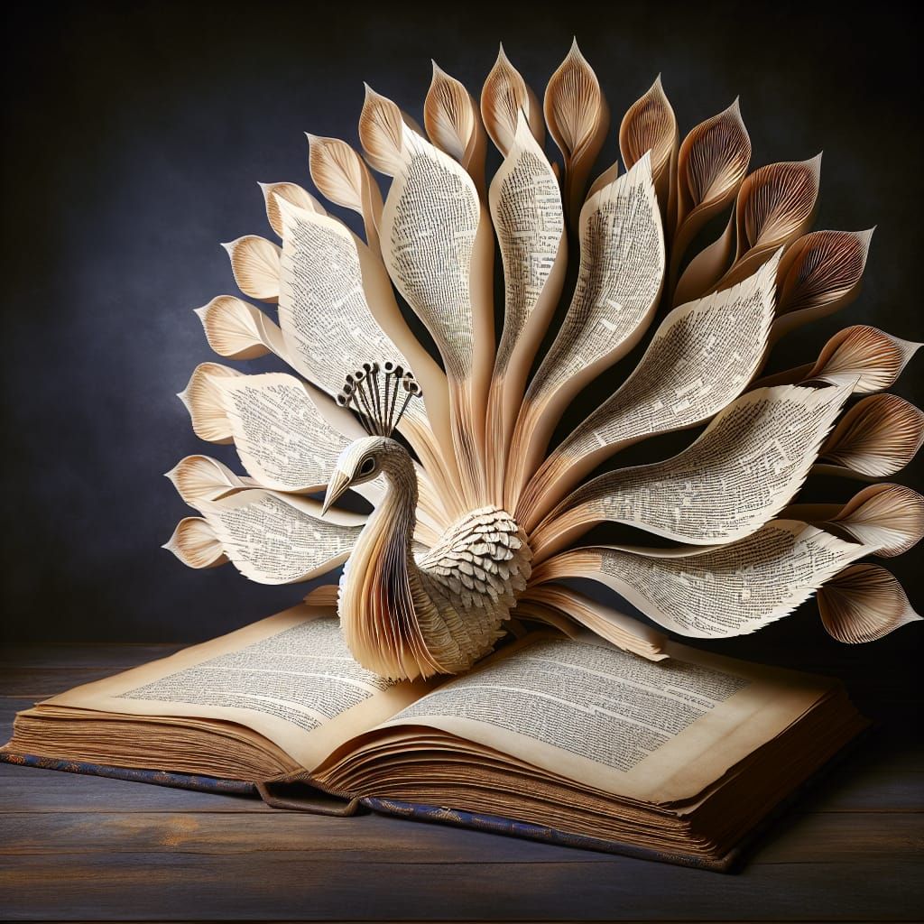 surreal scene featuring a beautifully sculpted figure of a peacock made of textured paper, emerging from an open book, the pages of the book...