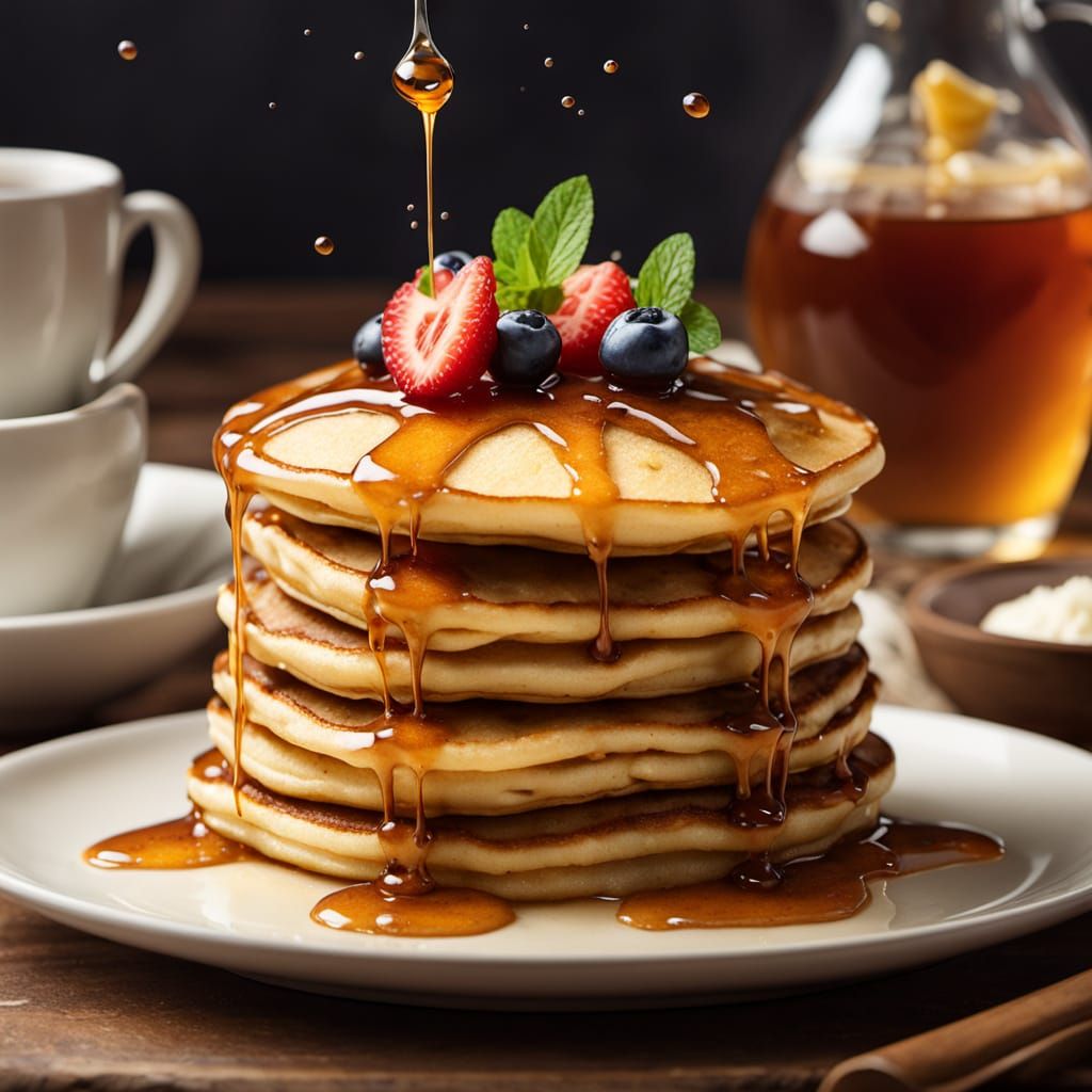 imagine a stack of glowing pancakes with syrup cascading down the side, captured in a macro view. The ...  by @Lilit